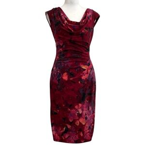 Lauren Ralph Lauren Dark Red Floral Cowl Neck Knee Length Jersey Dress
